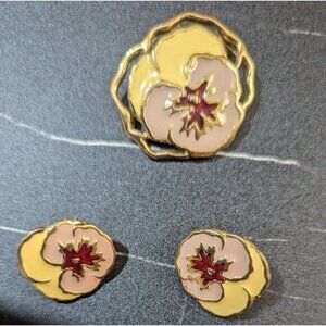 Vintage Enamel Pansy Brooch & Clip-On Earrings Set Yellow Floral Gold-Tone Acces